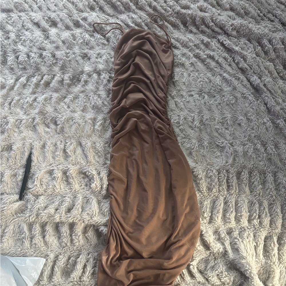 Elegant Mesh  Brown Ruched Dress